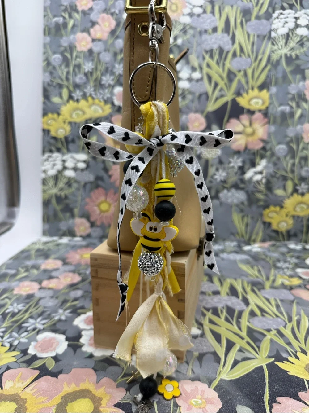 👑Adorned Crown Jewelry purse bag charm keychain bee fabric tassel